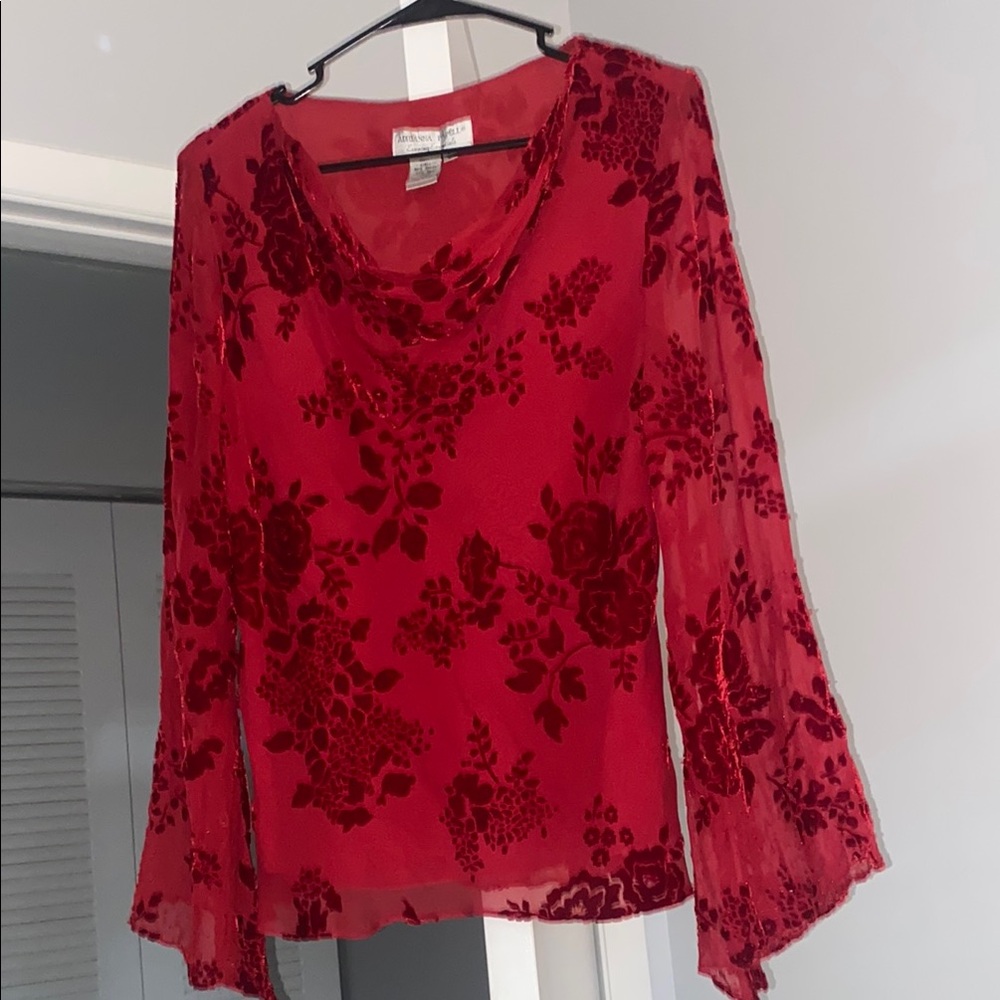Adrianna Papell Evening Essentials- Red Floral Velvet Burnout Long-Sleeve Top